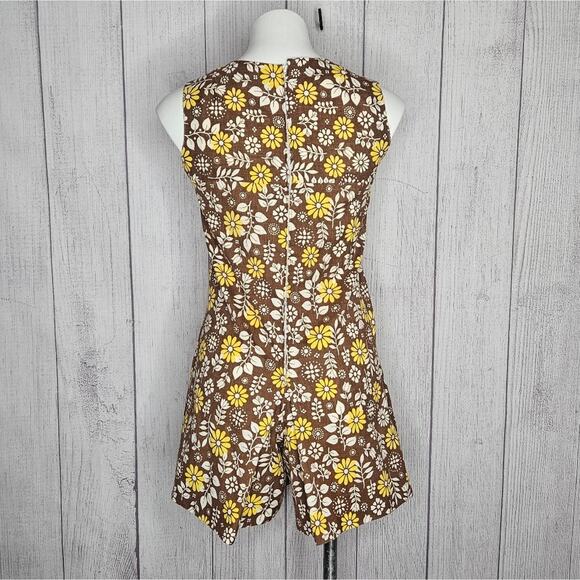 VTG 60s Handmade Brown|Yellow|White Flower Print Playsuit Romper, sz Small - Picture 5 of 8